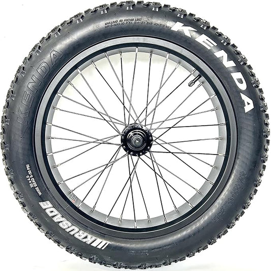 Fat Bike Front Wheel 20''x4.0 Assembly with Tyre and Hub and Spokes Black Alloy Aluminum Snow Bicycle Folding Fatbike Wheel Assembly 20 Bolt On