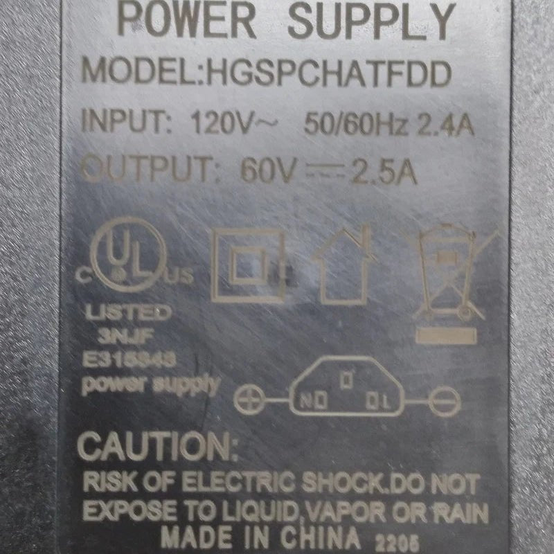 Charger 60V - 2.5A - PC plug T - type - evcustom
